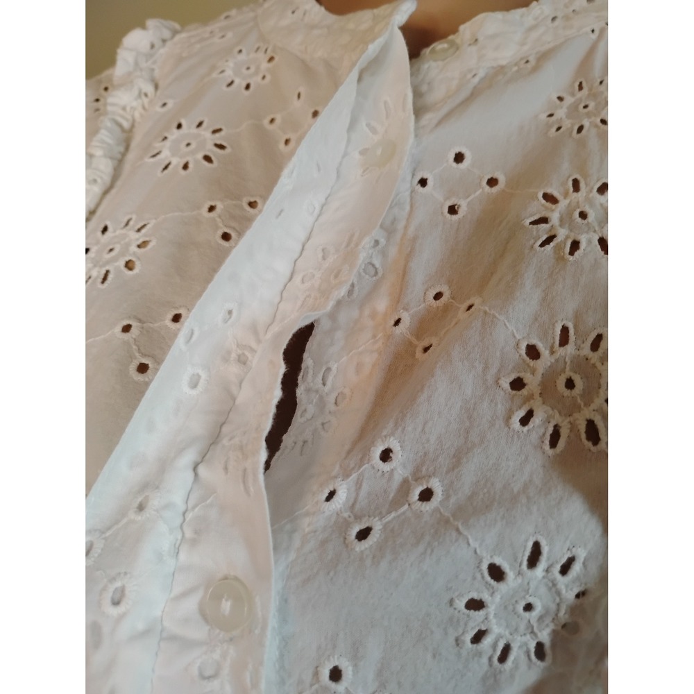 Lolita White Eyelet Cotton Ruffle Blouse Long Sleeve Floral Embroidery Small - Picture 10 of 10